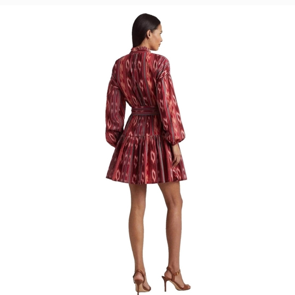 LAUREN Ralph Lauren Geo-Stripe Belted Cotton Voile Dress Red Women’s Size 16 NWT - Picture 2 of 16